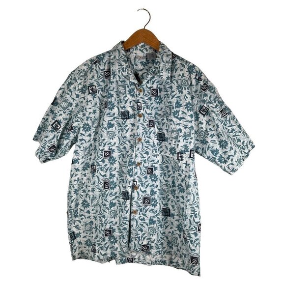 OP Sport Mens Size L Hawaiian Camp Shirt Blue Retro Print Cotton Blue Side Slits - Picture 1 of 10